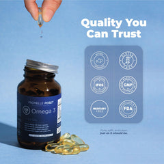 Michelle Peiret Omega3 bottle in hand for easy daily use.