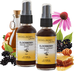 Mickelberry Gardens elderberry honey propolis throat spray bottle front showing natural ingredients for immune support.