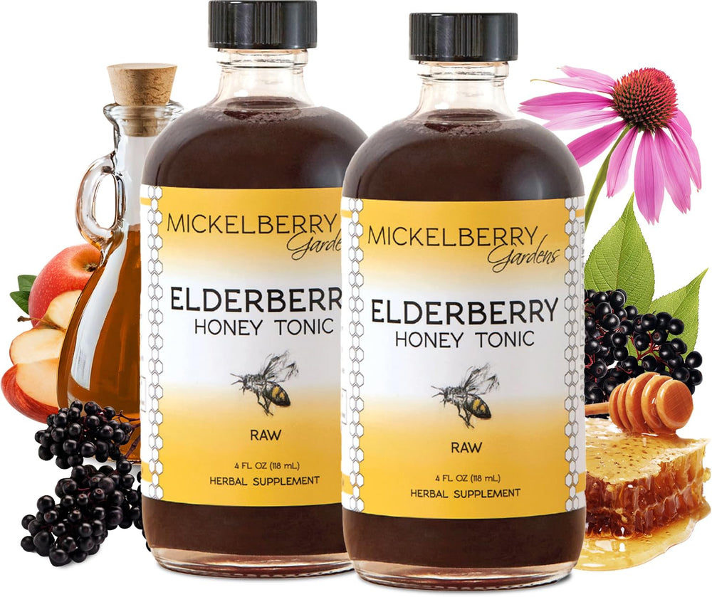 Mickelberry Gardens Elderberry Honey Tonic bottle with immune-support ingredients