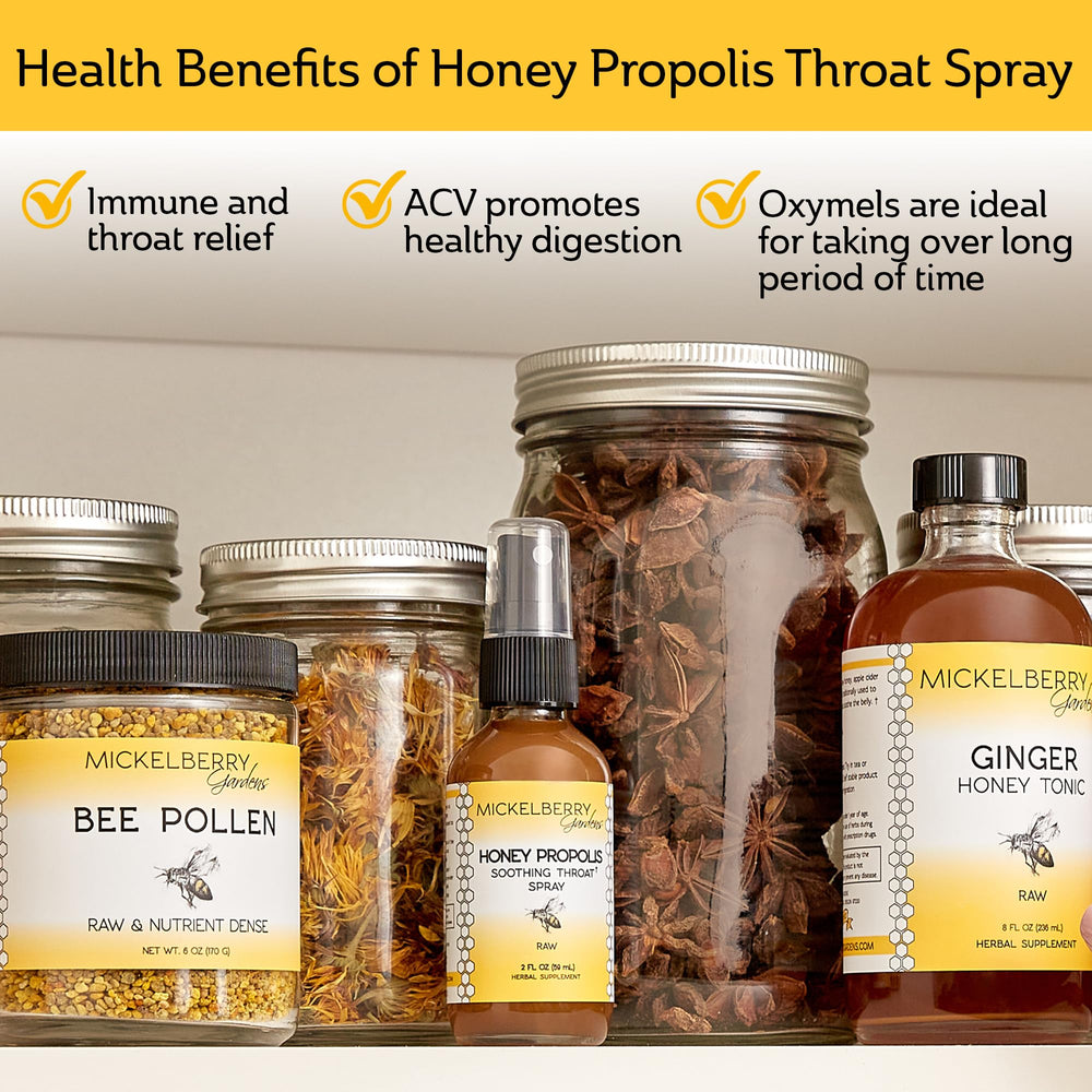 Label close-up of Mickelberry Gardens Honey Propolis Throat Spray highlighting allergen-free formula