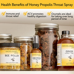 Label close-up of Mickelberry Gardens Honey Propolis Throat Spray highlighting allergen-free formula