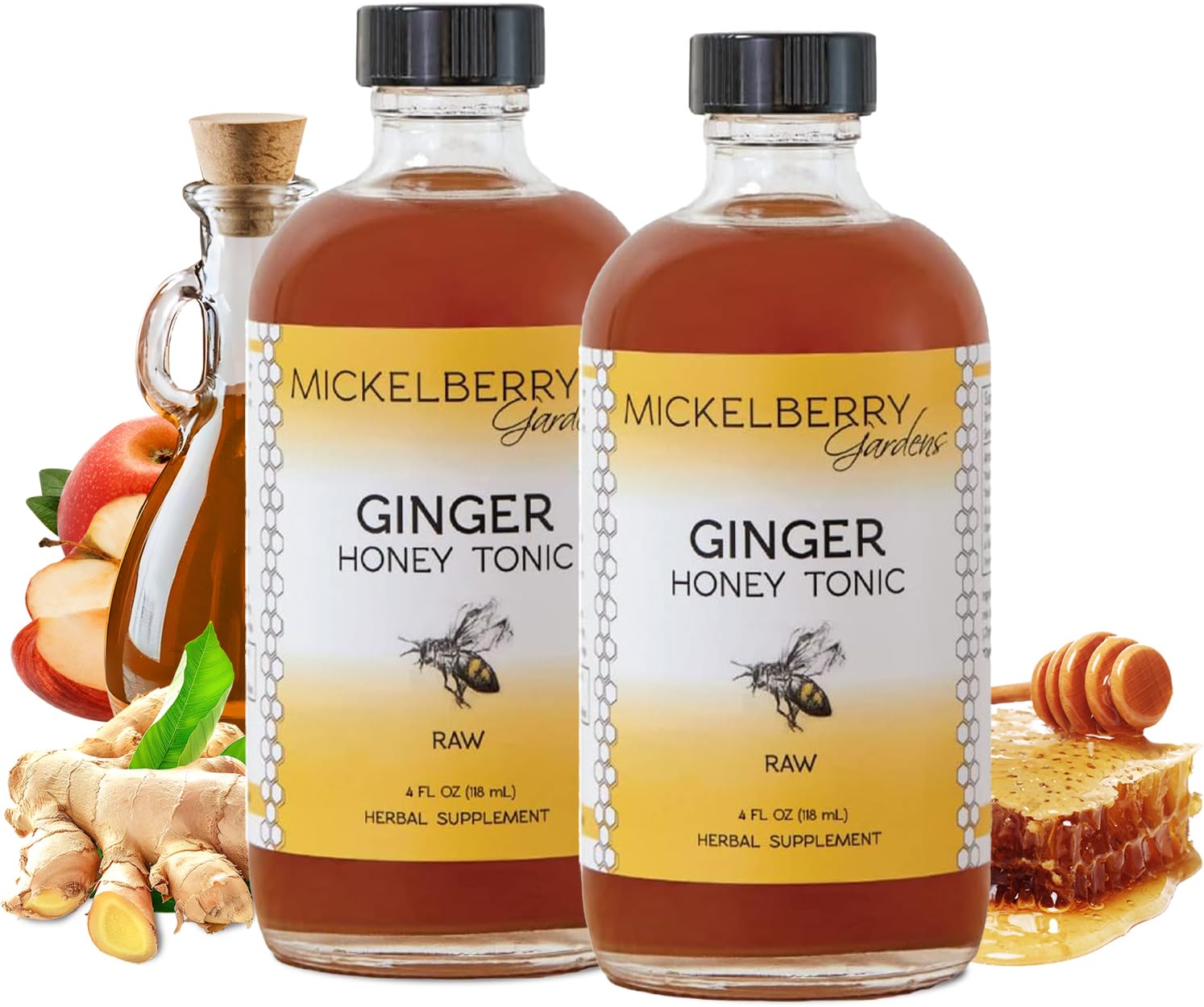 Mickelberry Gardens Immune Ginger Tonic bottle with amber color and label visible for potential immune support and digestion pairing