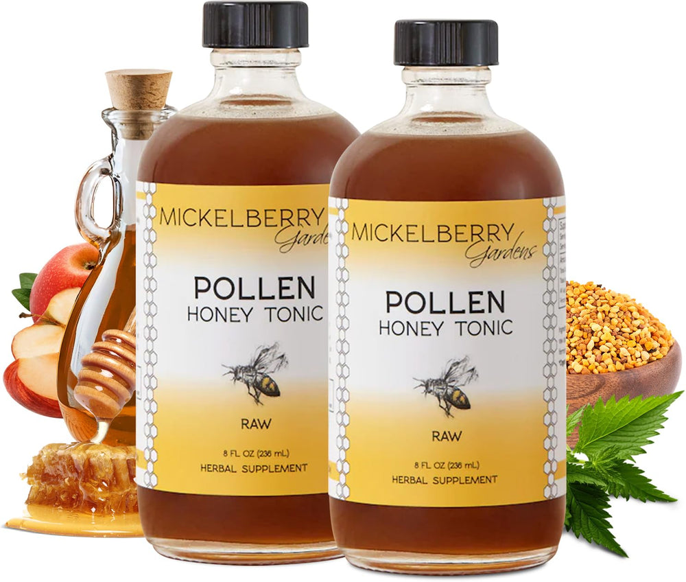 Mickelberry Gardens Pollen Honey Tonic bottle front showing organic ingredients for respiratory comfort