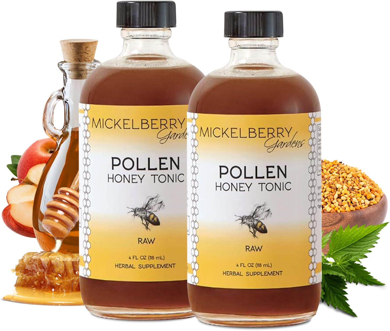 Mickelberry Gardens Pollen Honey Tonic bottle pour, a soothing herbal blend for tea or water.