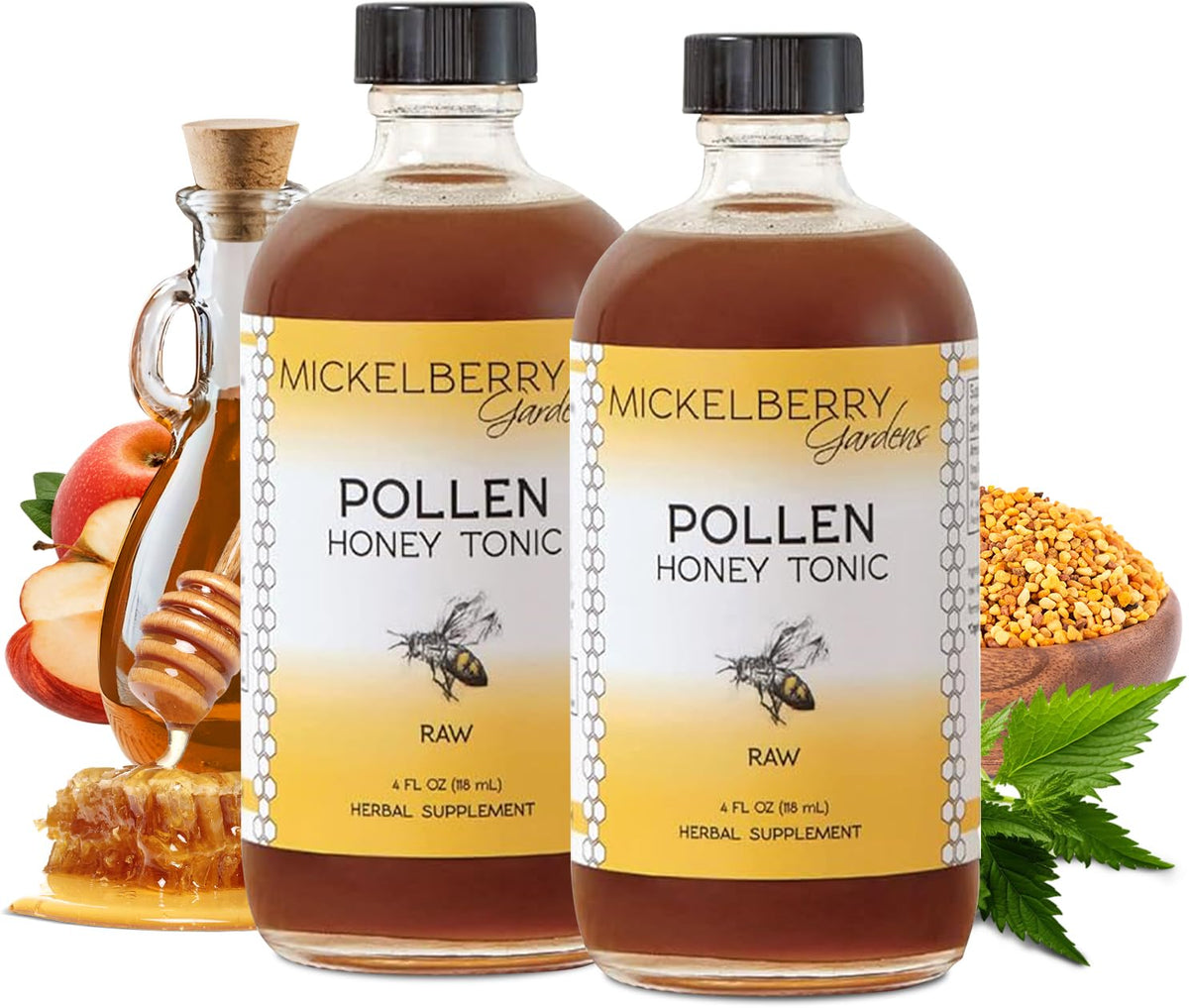 Mickelberry Gardens Pollen Honey Tonic bottle pour, a soothing herbal blend for tea or water.