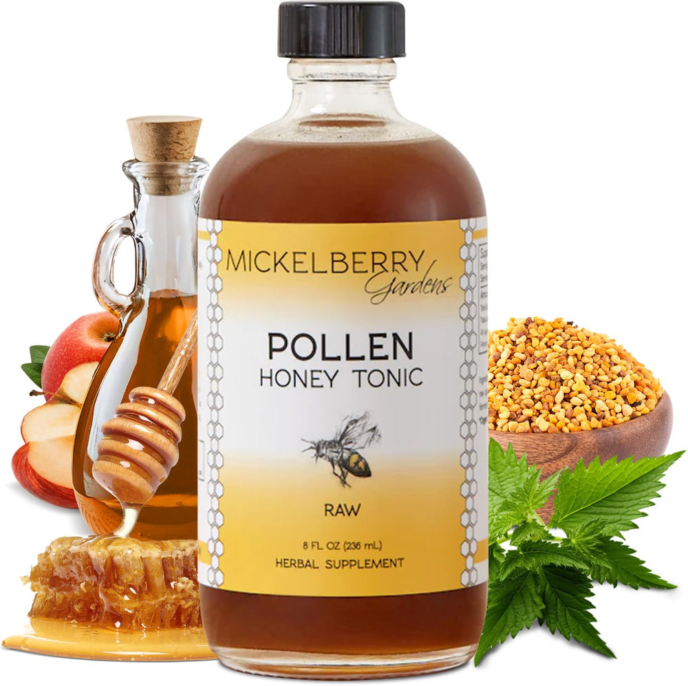 Mickelberry Gardens Pollen Honey Tonic bottle for respiratory comfort and daily wellness.