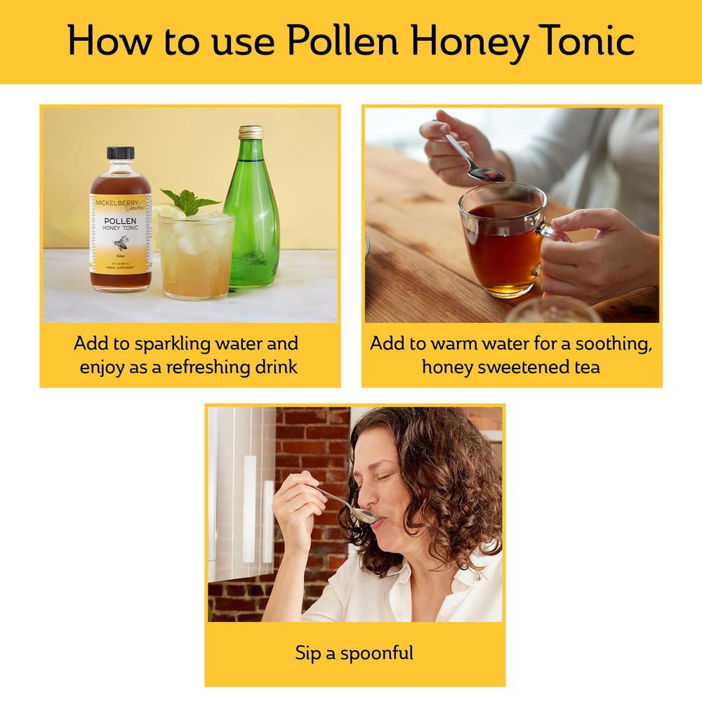 Mickelberry Gardens Pollen Honey Tonic ingredients scene with raw honey and bee pollen.