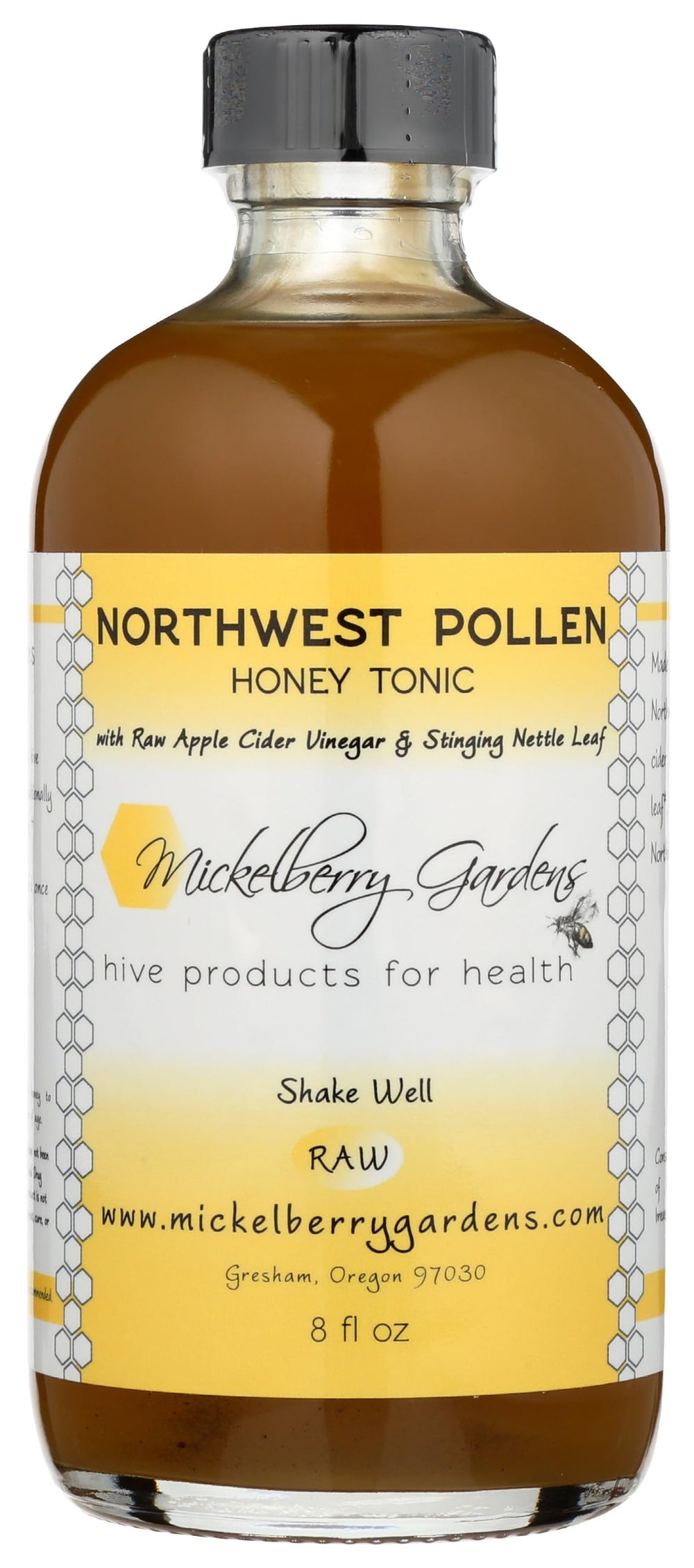 Mickelberry Gardens Pollen Honey Tonic being poured into a glass for easy daily use.