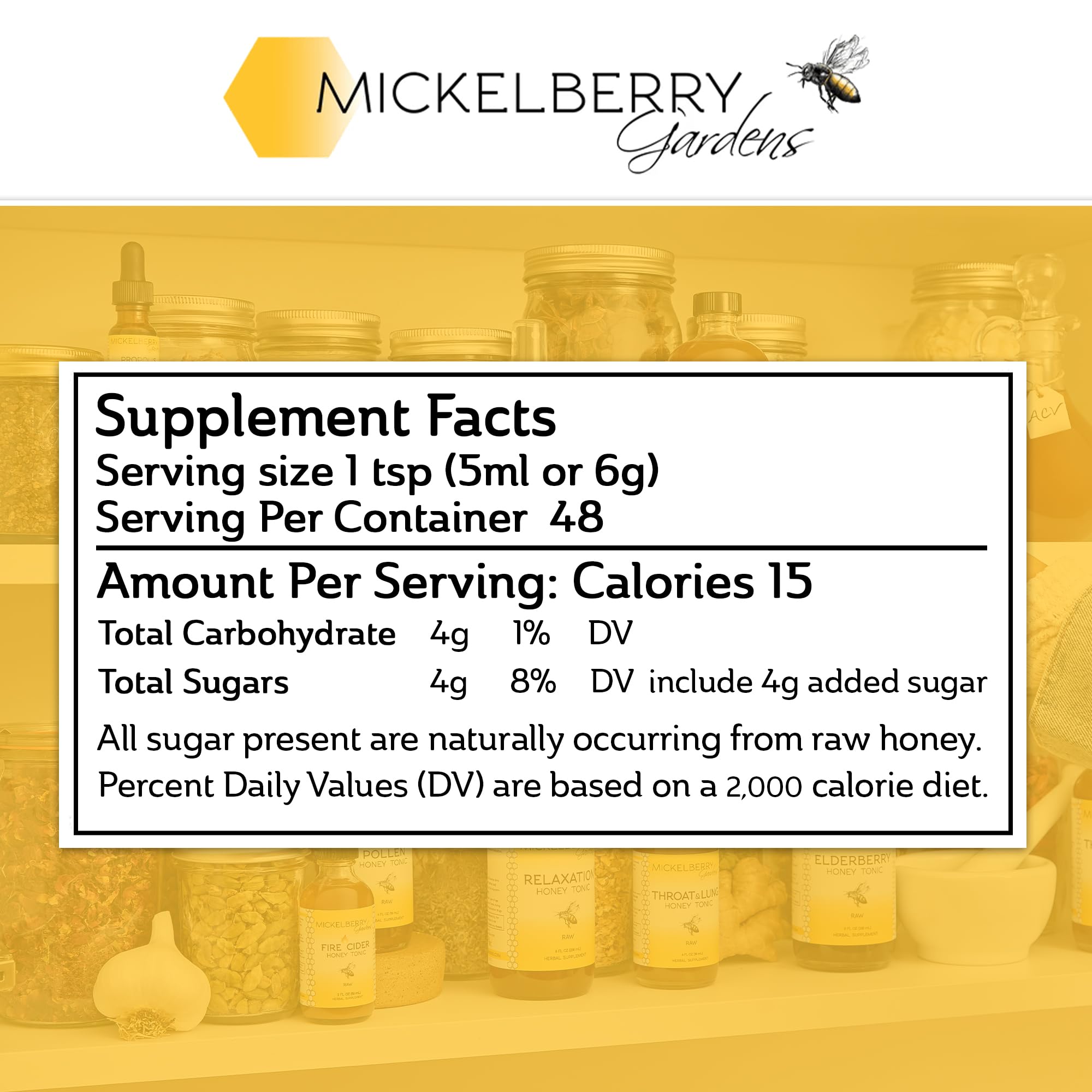Mickelberry Gardens Pollen Honey Tonic serving in a glass for convenient daily use