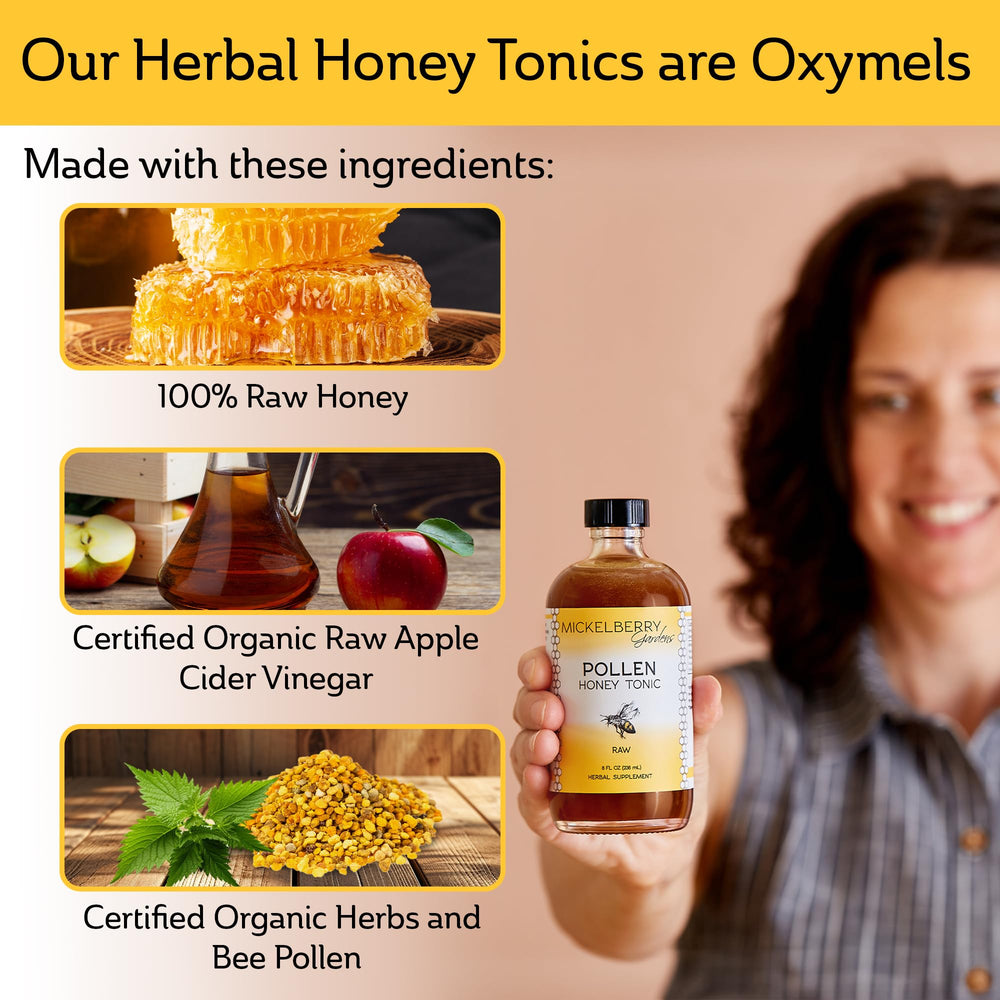 Mickelberry Gardens Pollen Honey Tonic poured into tea for a soothing daily ritual