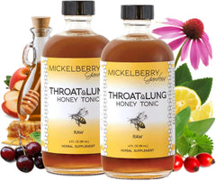 Mickelberry Gardens Throat & Lung Honey Tonic bottle with amber color