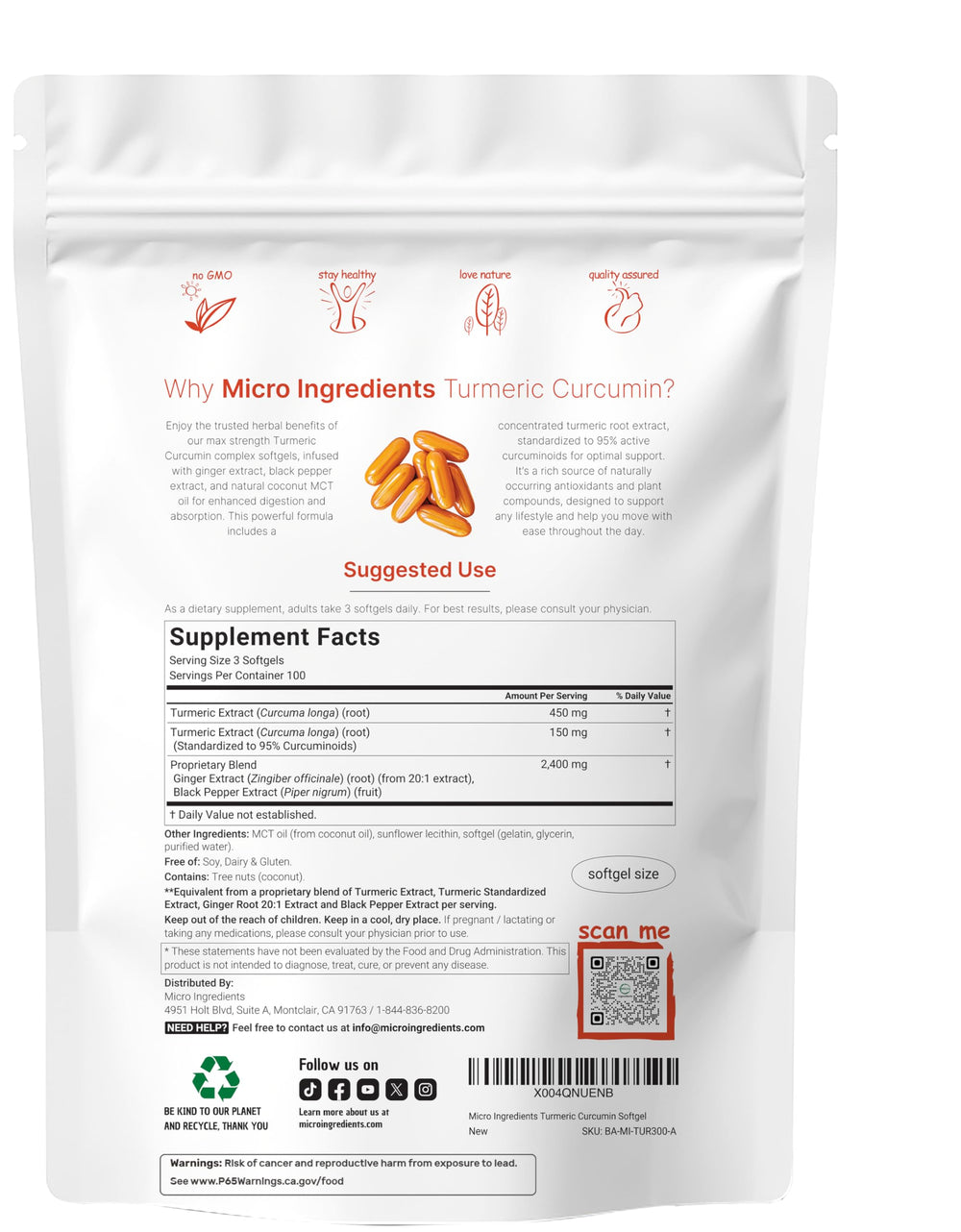 Micro Ingredients 95% curcuminoids highlight potent turmeric content in every softgel.