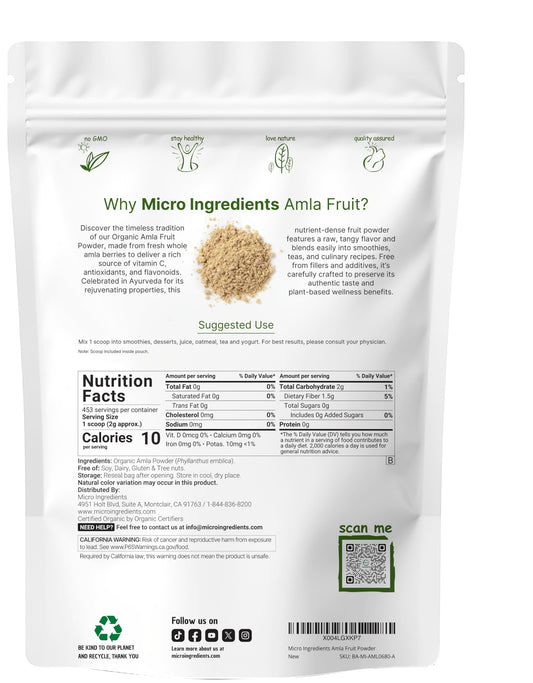 Close-up of Micro Ingredients amla powder pouch, antioxidant-rich for yogurt or smoothies.