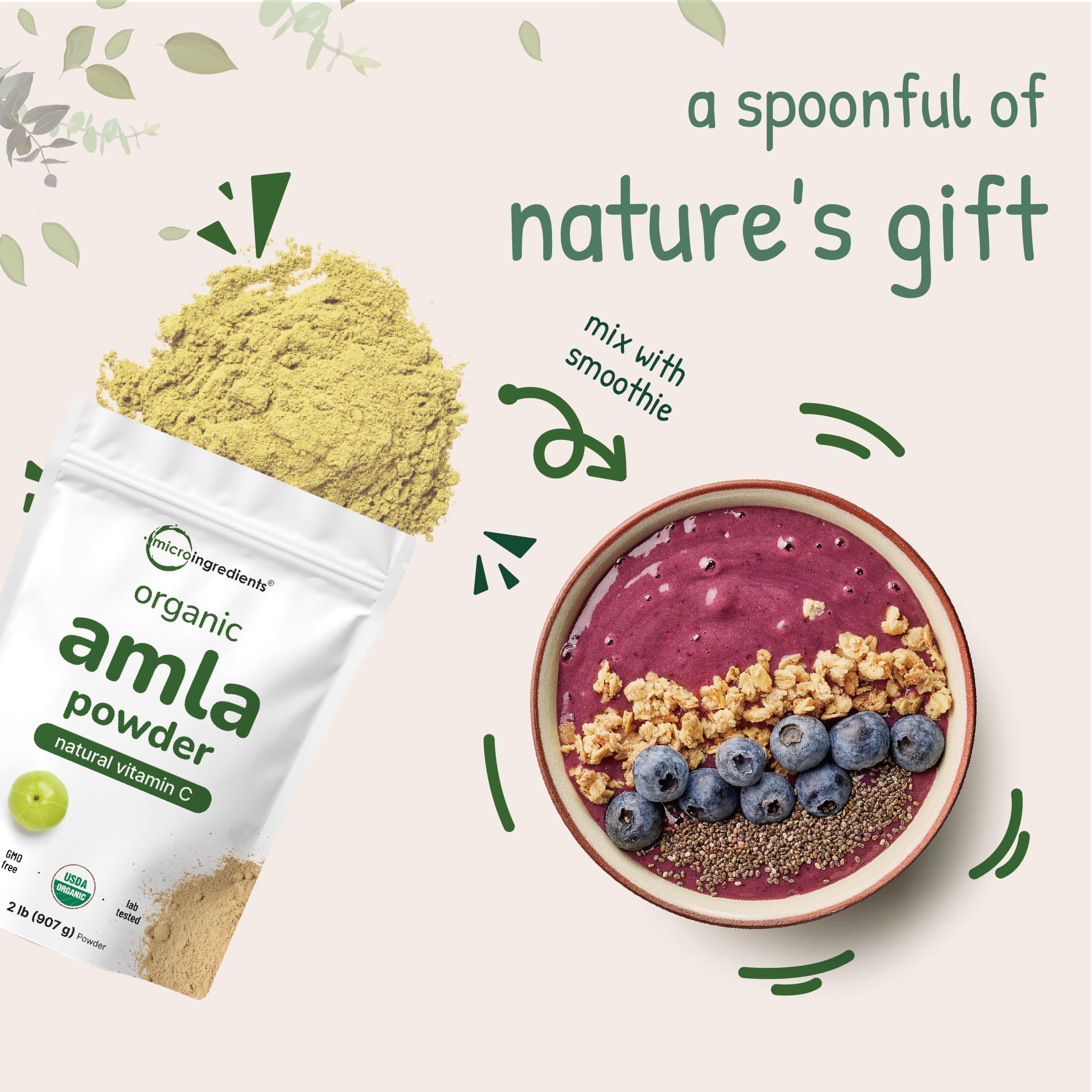 Origin India label on Micro Ingredients amla powder jar, authentic gooseberry flavor for daily routines.