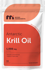 Micro Ingredients Antarctic Krill Oil bottle front highlights omega-3 supplementation.