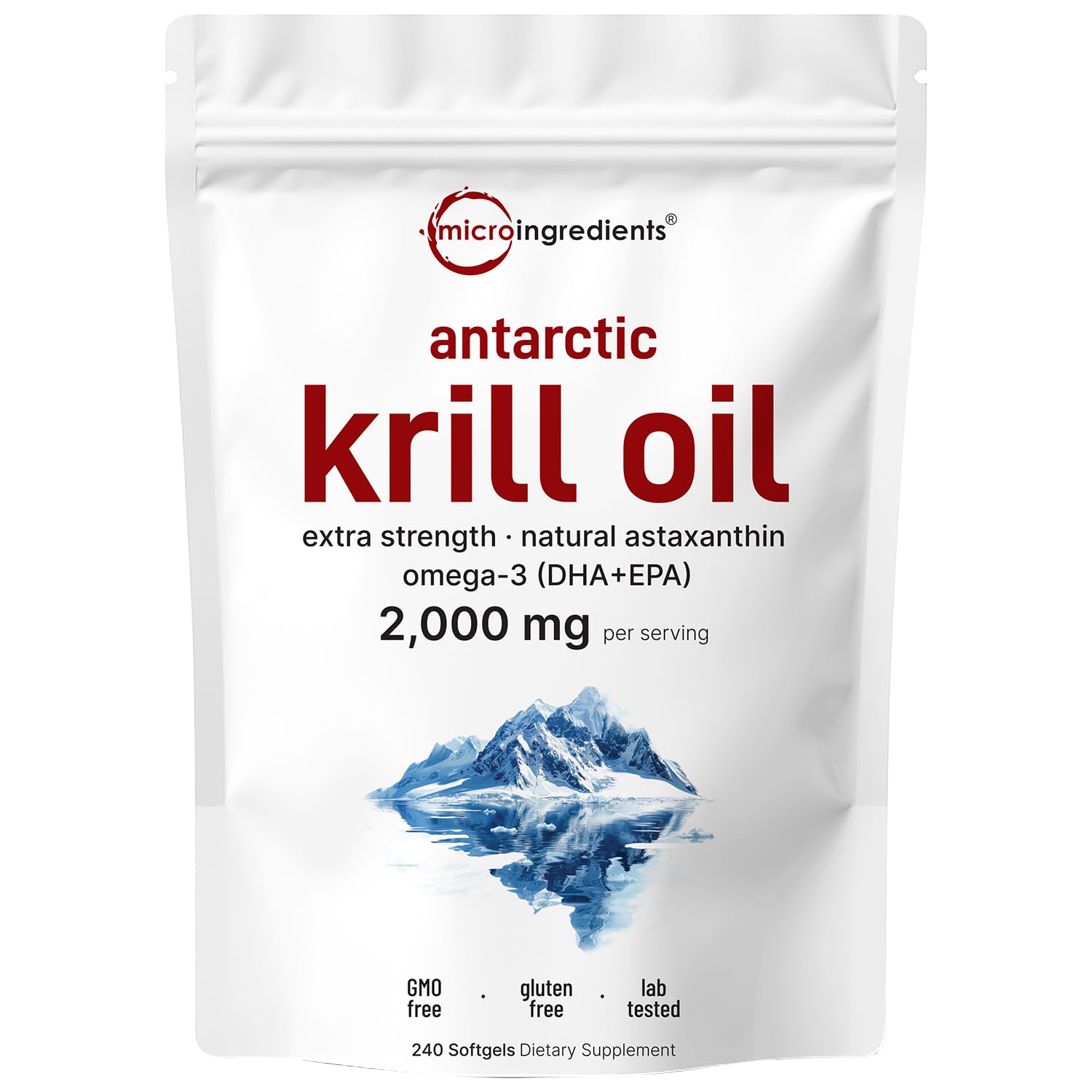 Micro Ingredients Antarctic Krill Oil bottle highlighting premium omega-3 softgels for daily support.
