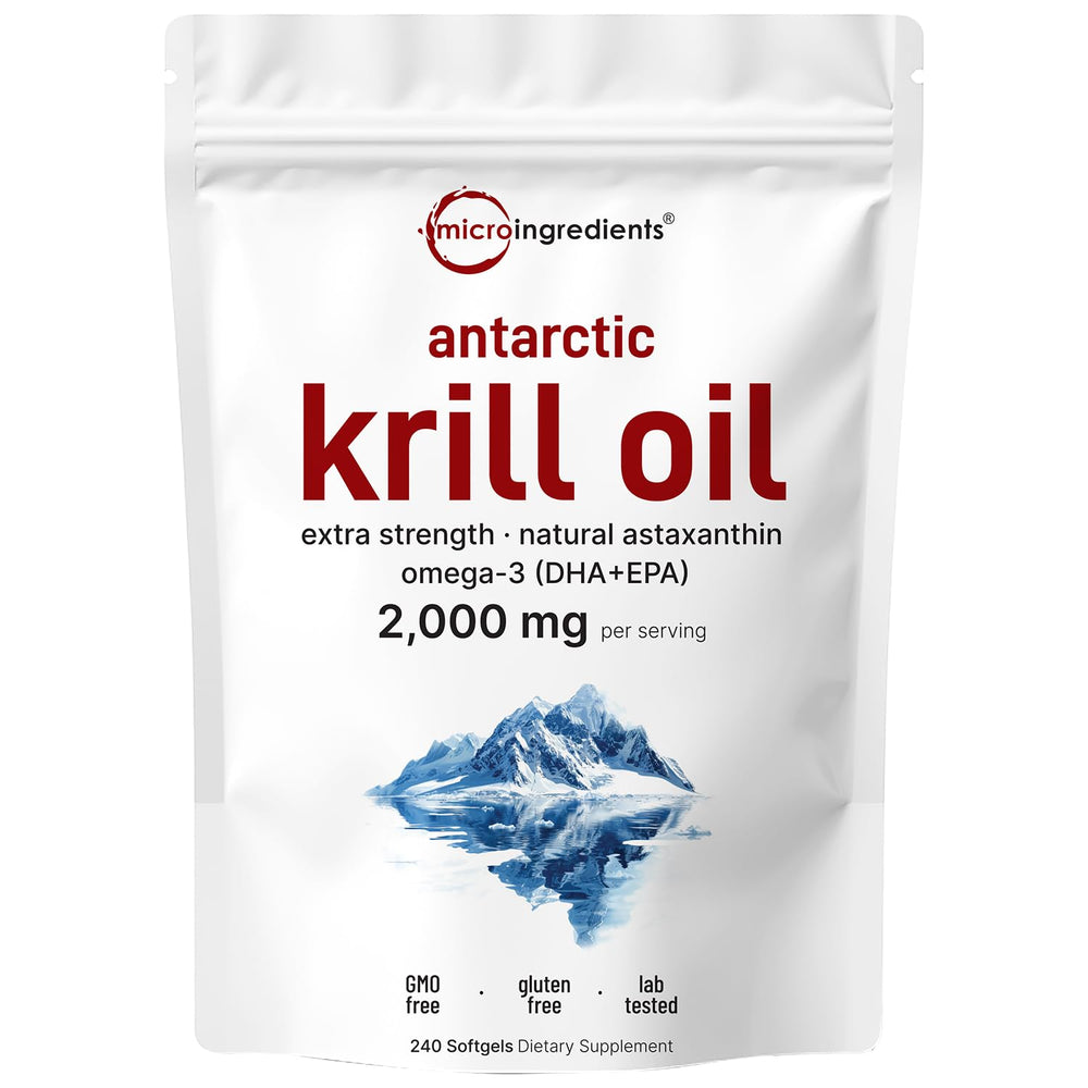 Micro Ingredients Antarctic Krill Oil bottle highlighting premium omega-3 softgels for daily support.