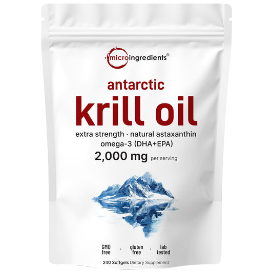 Micro Ingredients Antarctic Krill Oil bottle highlighting premium omega-3 softgels for daily support.