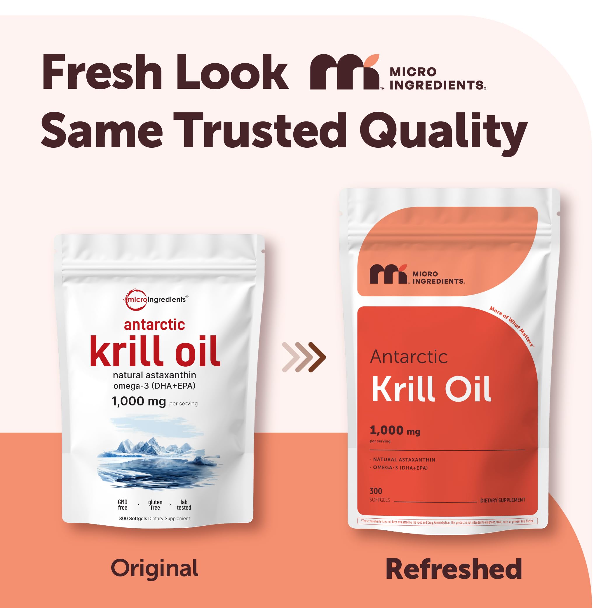Close-up of Micro Ingredients Antarctic Krill Oil softgels, easy to swallow capsules.
