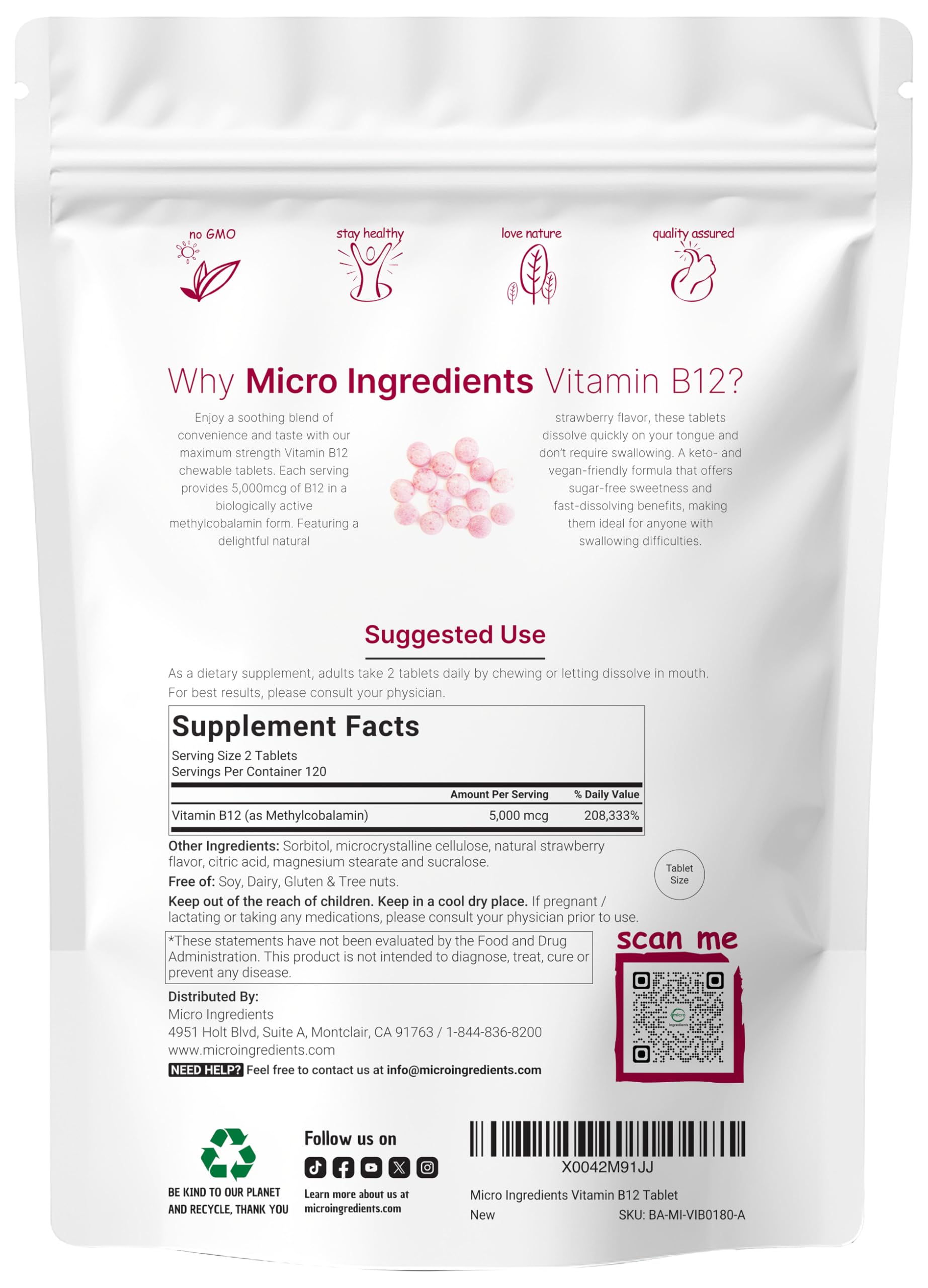 Micro Ingredients methylcobalamin B12 chewables for vegan, non GMO wellness