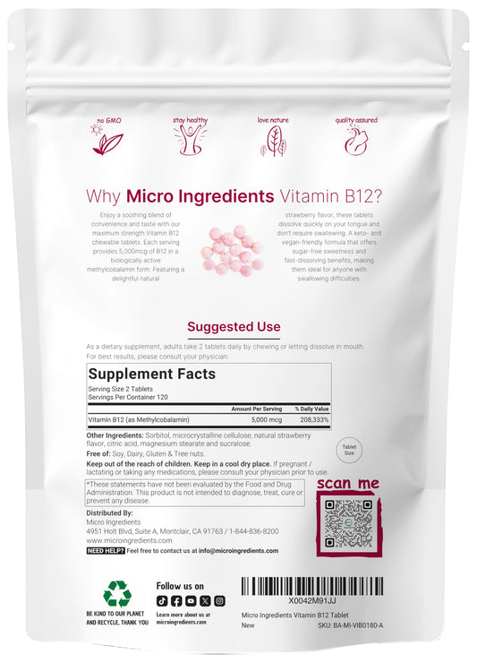 Micro Ingredients methylcobalamin B12 chewables for vegan, non GMO wellness