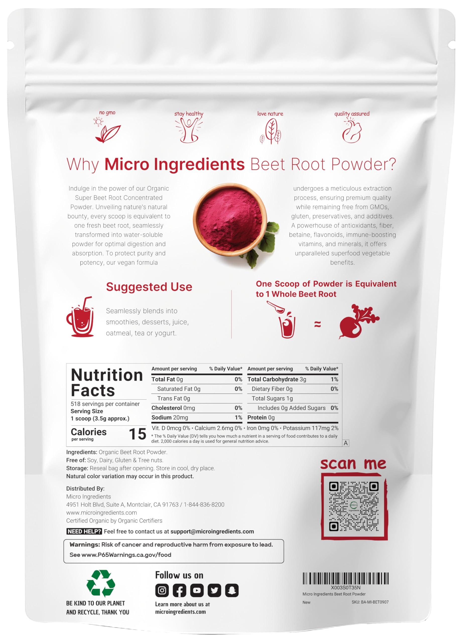 Micro Ingredients beet root powder scoop measures a precise 3.5 g dose