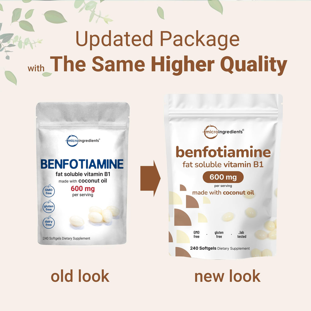 Micro Ingredients Benfotiamine softgels 600mg serving label indicates potent energy-support dose.