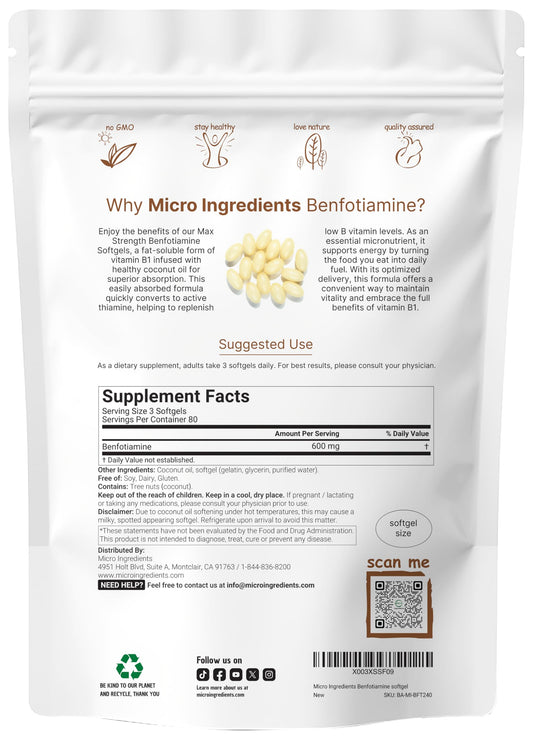Micro Ingredients Benfotiamine softgels bottle closeup highlights bioavailable B1 aid.