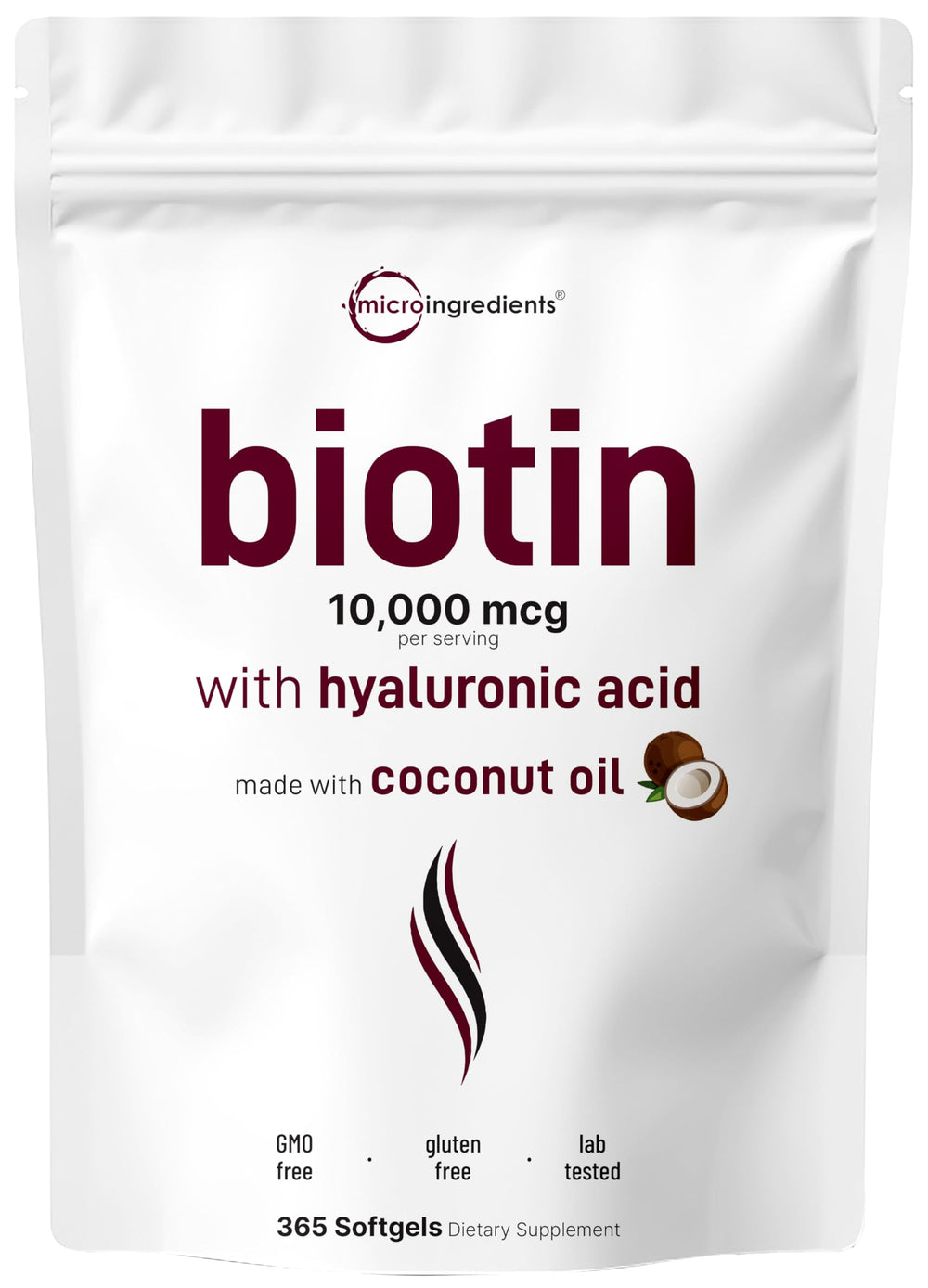 Micro Ingredients Biotin 10,000mcg Hyaluronic Acid softgels bottle showing daily beauty support potential