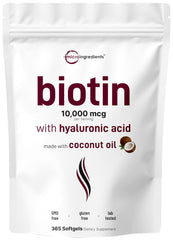 Micro Ingredients Biotin 10,000mcg Hyaluronic Acid softgels bottle showing daily beauty support potential
