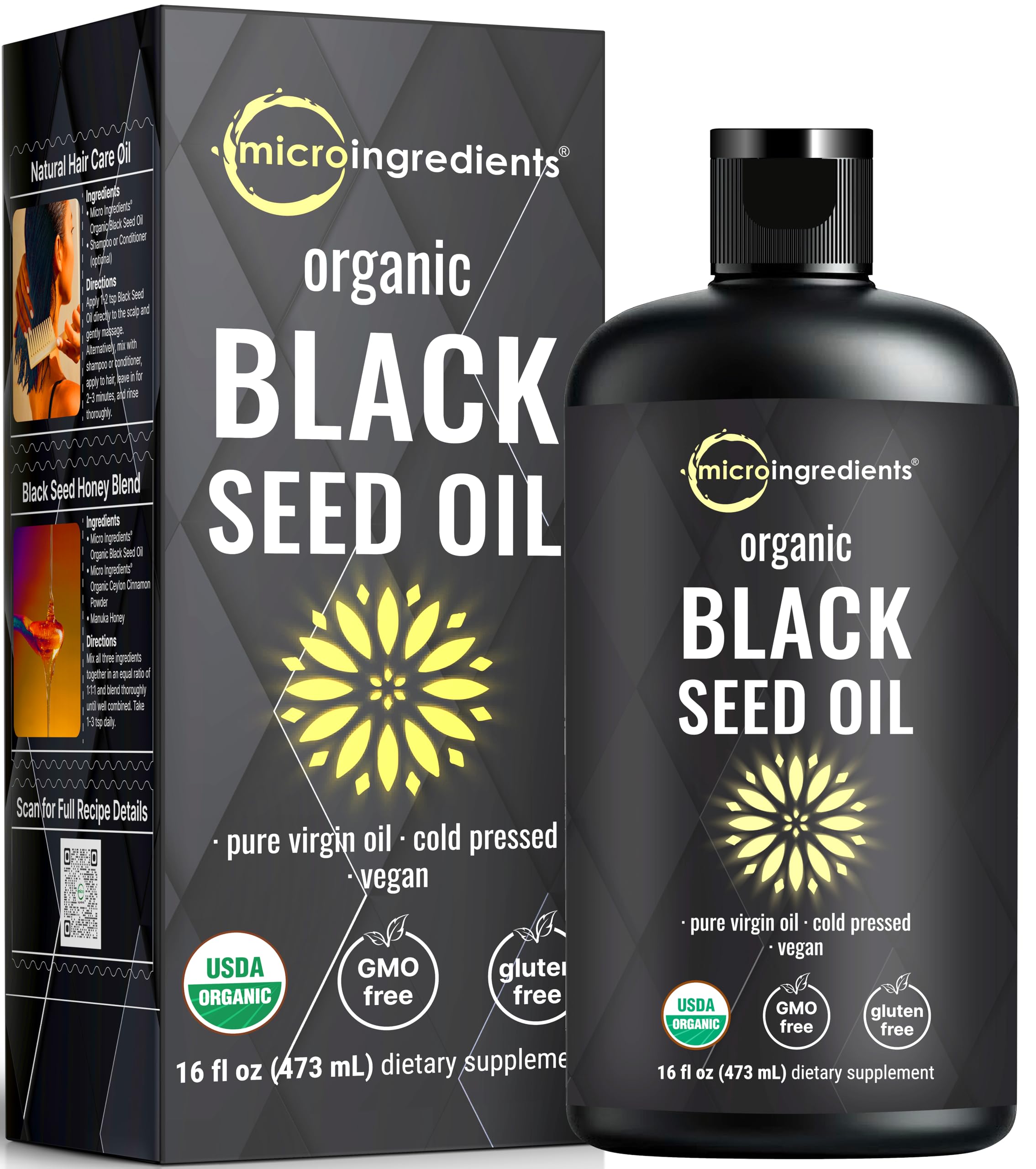 Micro Ingredients Black Seed Oil bottle close-up showing premium cold-pressed quality