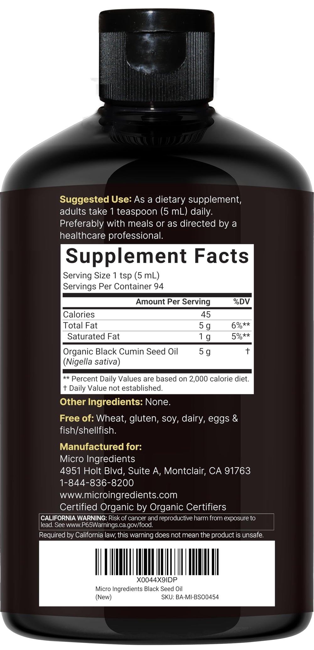 Micro Ingredients Black Seed Oil label close-up with organic certification