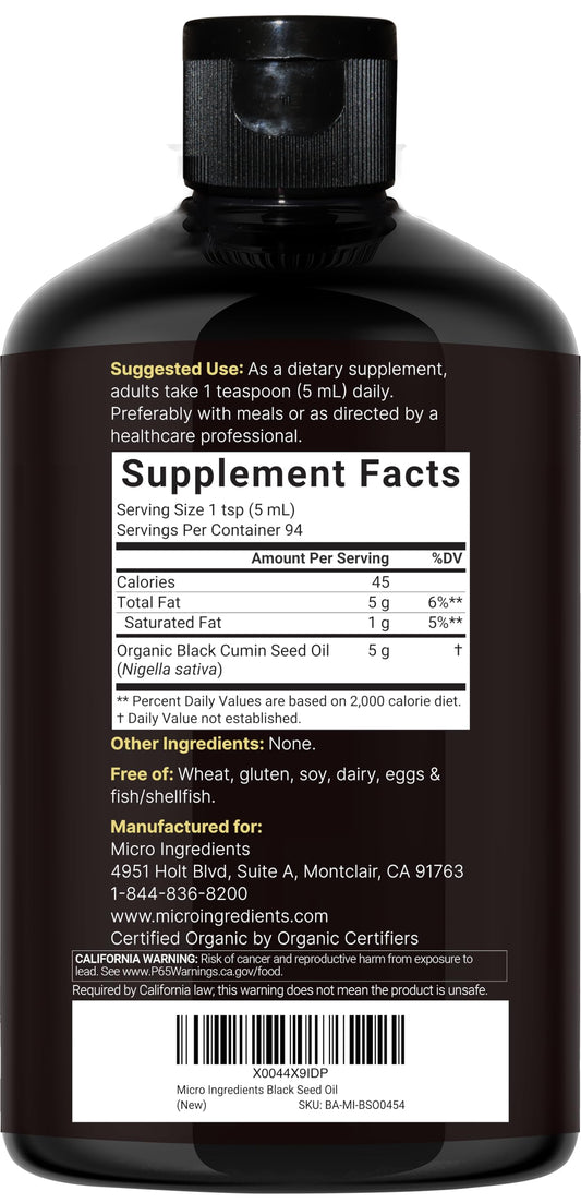 Micro Ingredients Black Seed Oil label close-up with organic certification