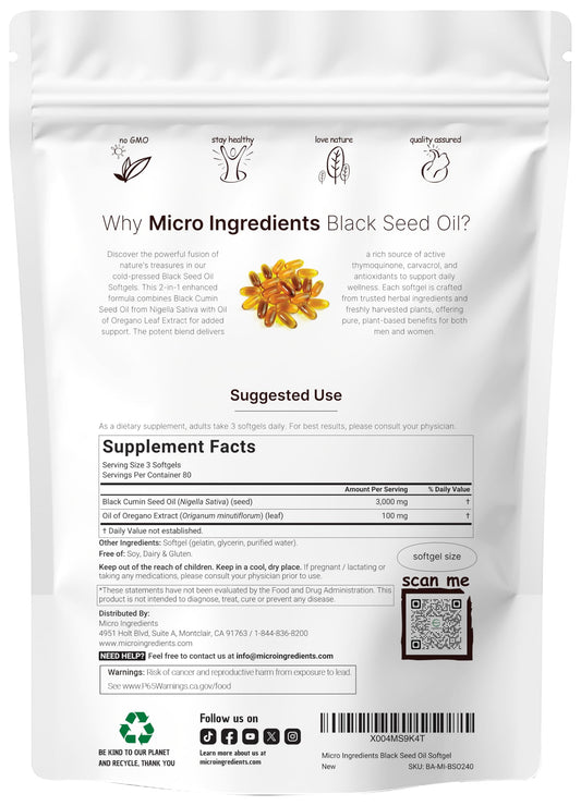Micro Ingredients black seed oil softgels capsules closeup showing premium oil content