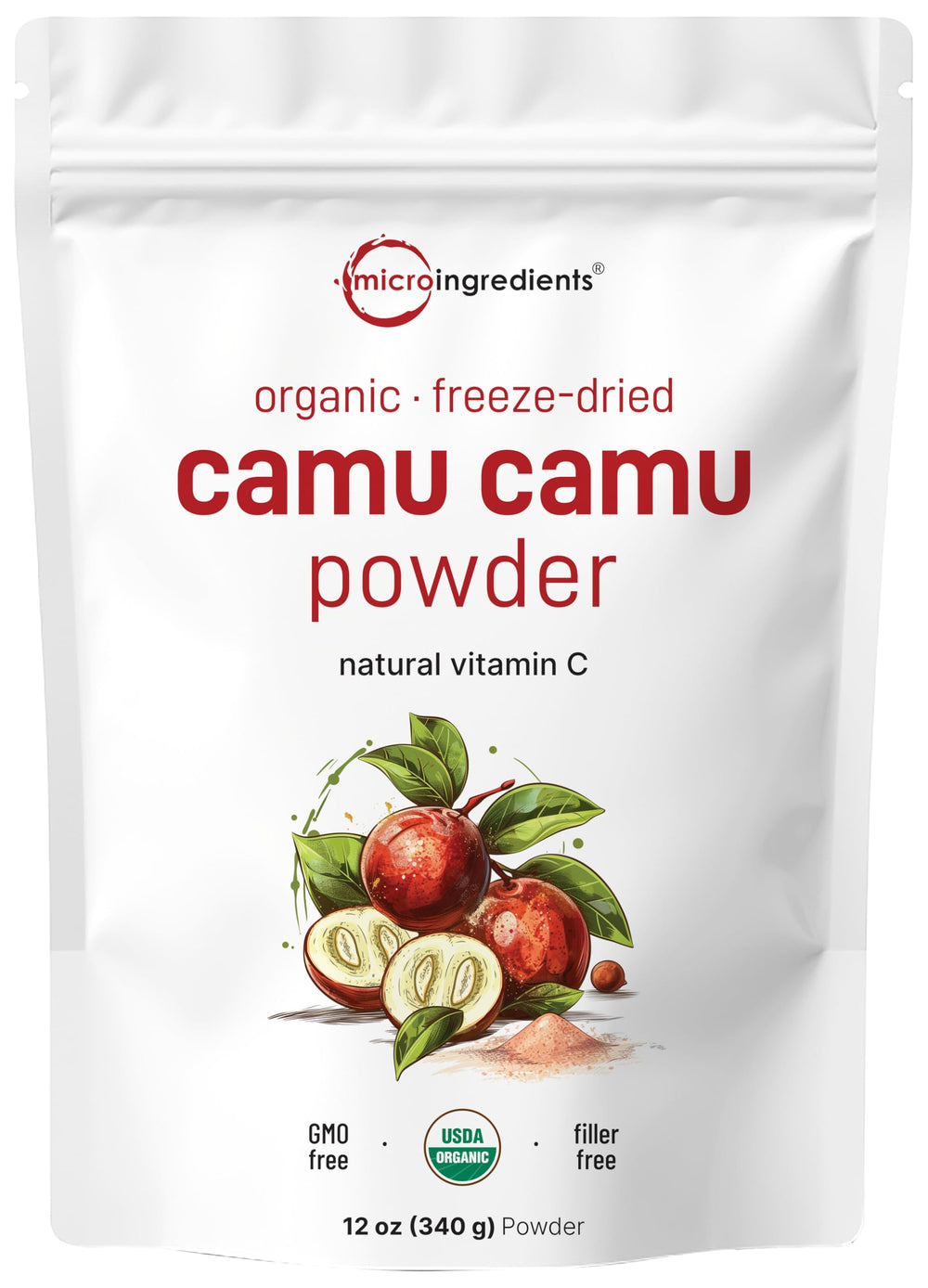 Micro Ingredients camu camu powder bottle highlighting vitamin C rich superfood.