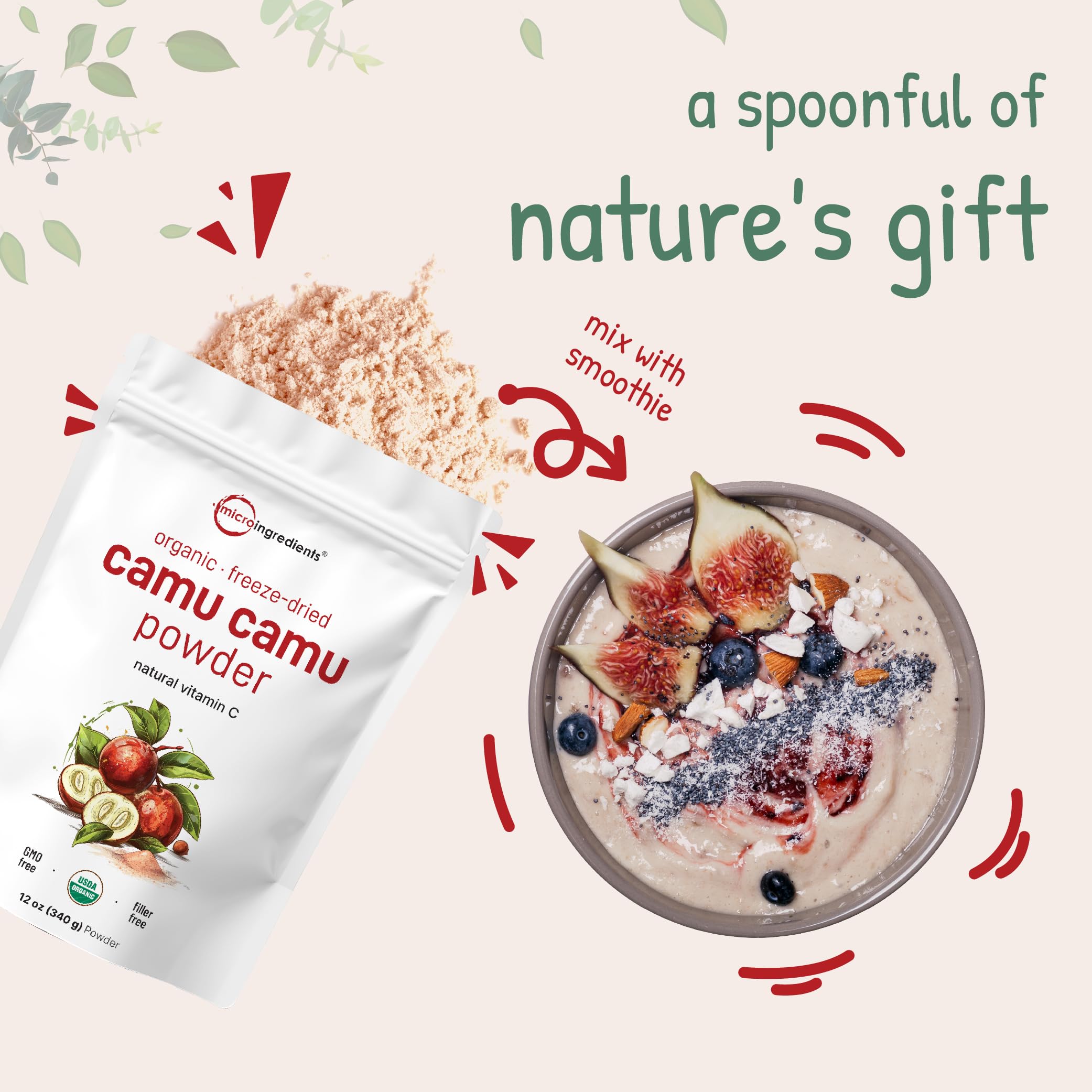 Micro Ingredients camu camu powder jar on countertop ready for daily use.