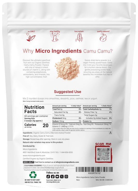 Micro Ingredients camu camu powder scoop for easy smoothie mixing.