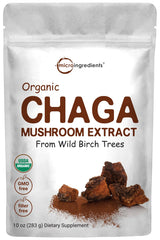 Micro Ingredients Chaga extract bottle shows 10 oz packaging for daily wellness.