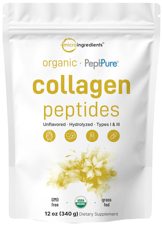 Micro Ingredients collagen peptides powder bottle shown for easy daily supplementation