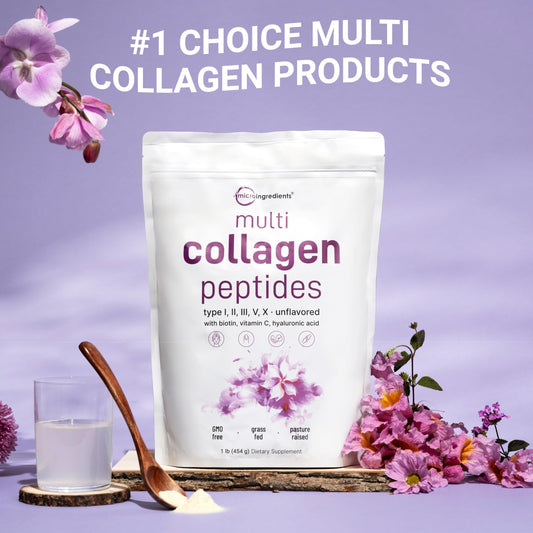 Collagen types I–X label highlights a broad hydrolyzed blend
