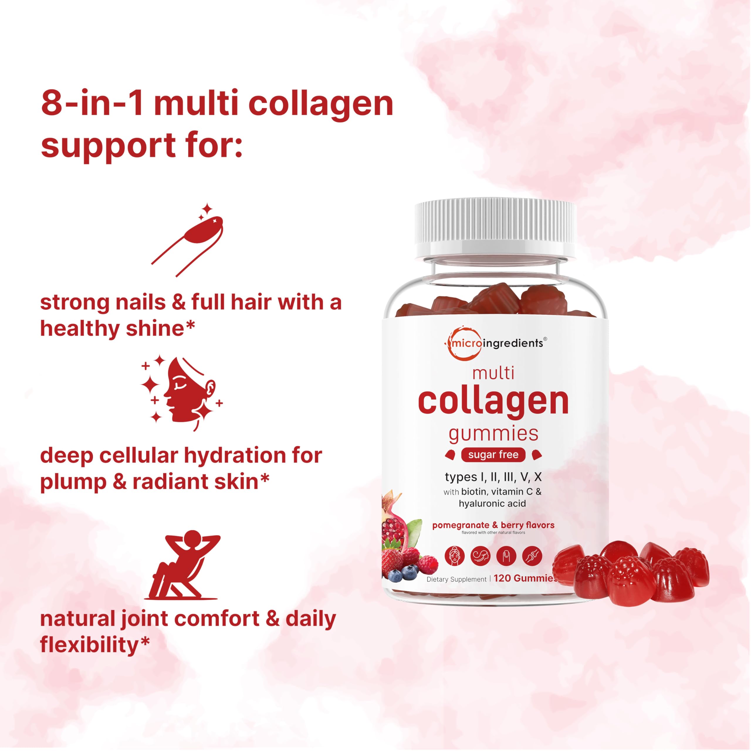 Micro Ingredients collagen types I–X on label showing diverse peptide blend.