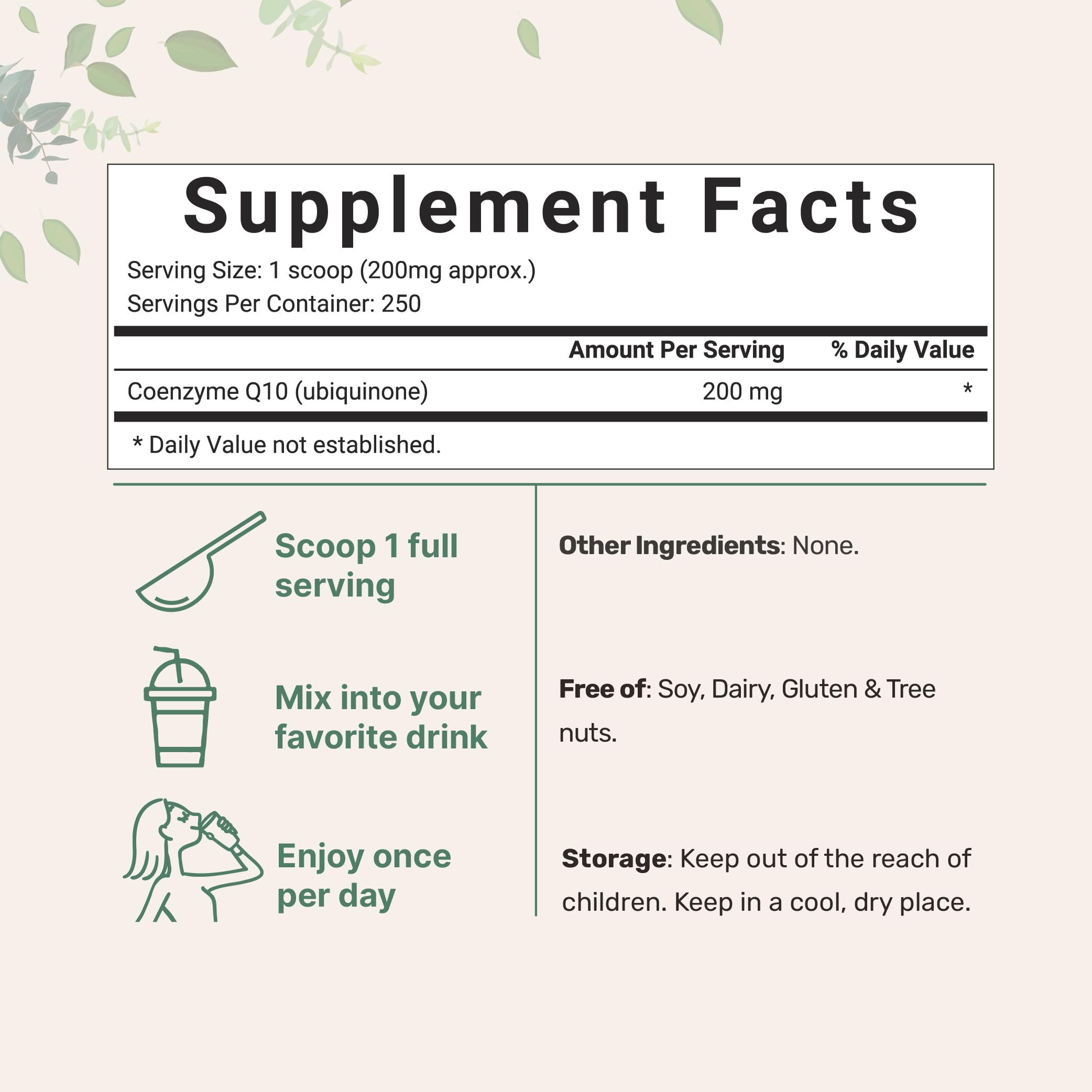 Micro Ingredients COQ10 200mg per serving powder highlights precise dosing.