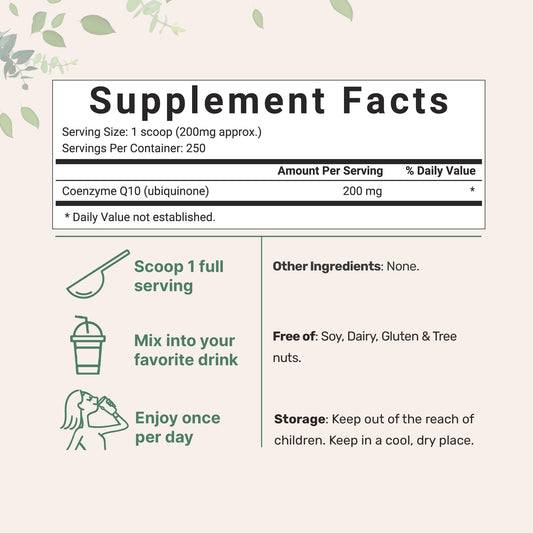 Micro Ingredients COQ10 200mg per serving powder highlights precise dosing.