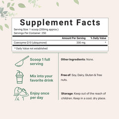 Micro Ingredients COQ10 200mg per serving powder highlights precise dosing.
