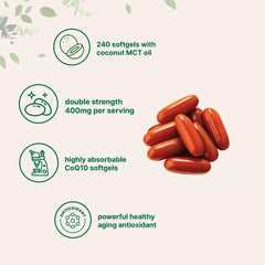 Micro Ingredients CoQ10 with Coconut MCT Oil emphasizes enhanced absorption.