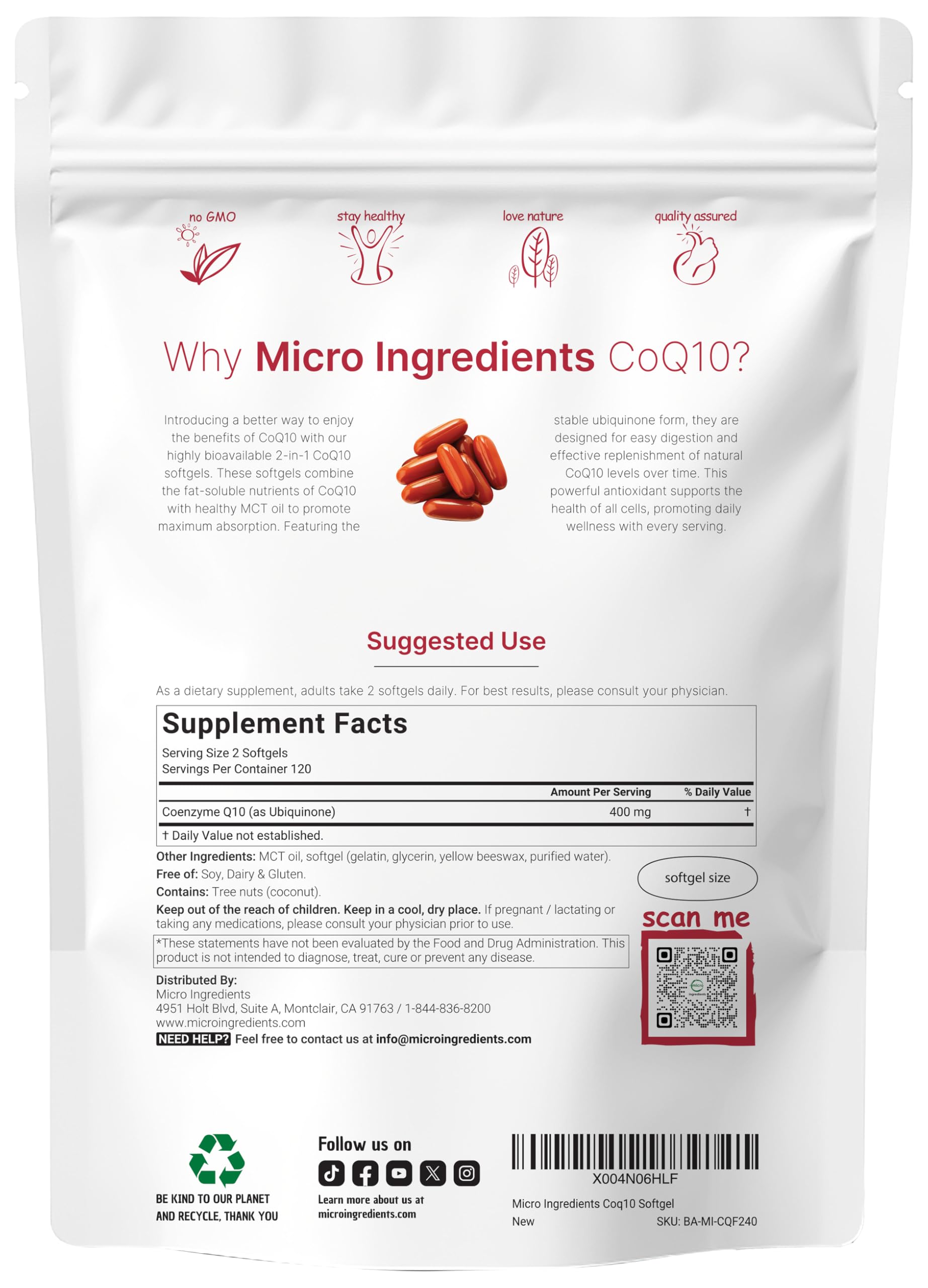 Micro Ingredients CoQ10 softgels close-up highlight two-softgel serving.