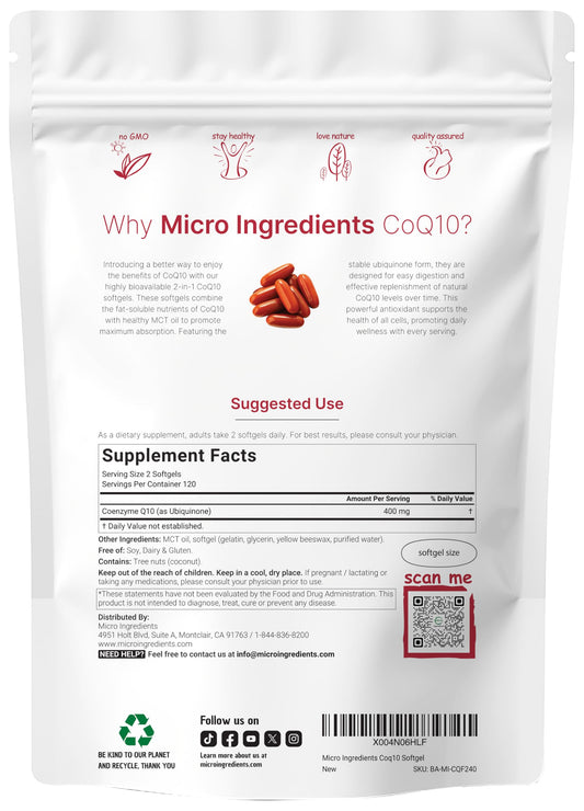 Micro Ingredients CoQ10 softgels close-up highlight two-softgel serving.