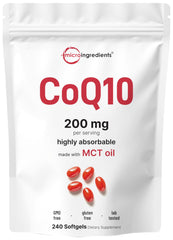 Micro Ingredients CoQ10 softgels bottle showcasing high-absorption formula with coconut MCT oil