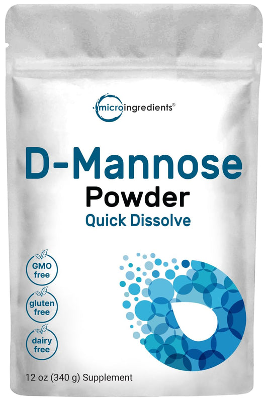 Micro Ingredients D Mannose powder in packaging, highlighting pure, vegan formula for daily urinary support
