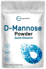 Micro Ingredients D Mannose powder in packaging, highlighting pure, vegan formula for daily urinary support